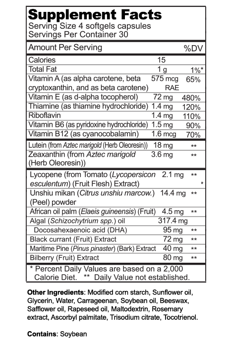 Specially Designed SUPER LUTEIN MIRTOPLUS Formula - Nutrition Facts